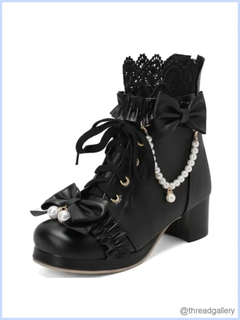 Chunky Mid Heel Lace Up Ankle Boots with Bow Platform Booties